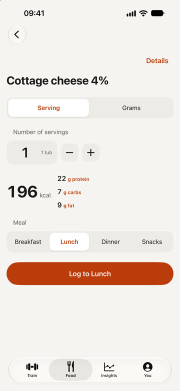 A scanned food, cottage cheese: servings, 196 kcal with its protein, carbs and fat, and a button to log it to lunch.